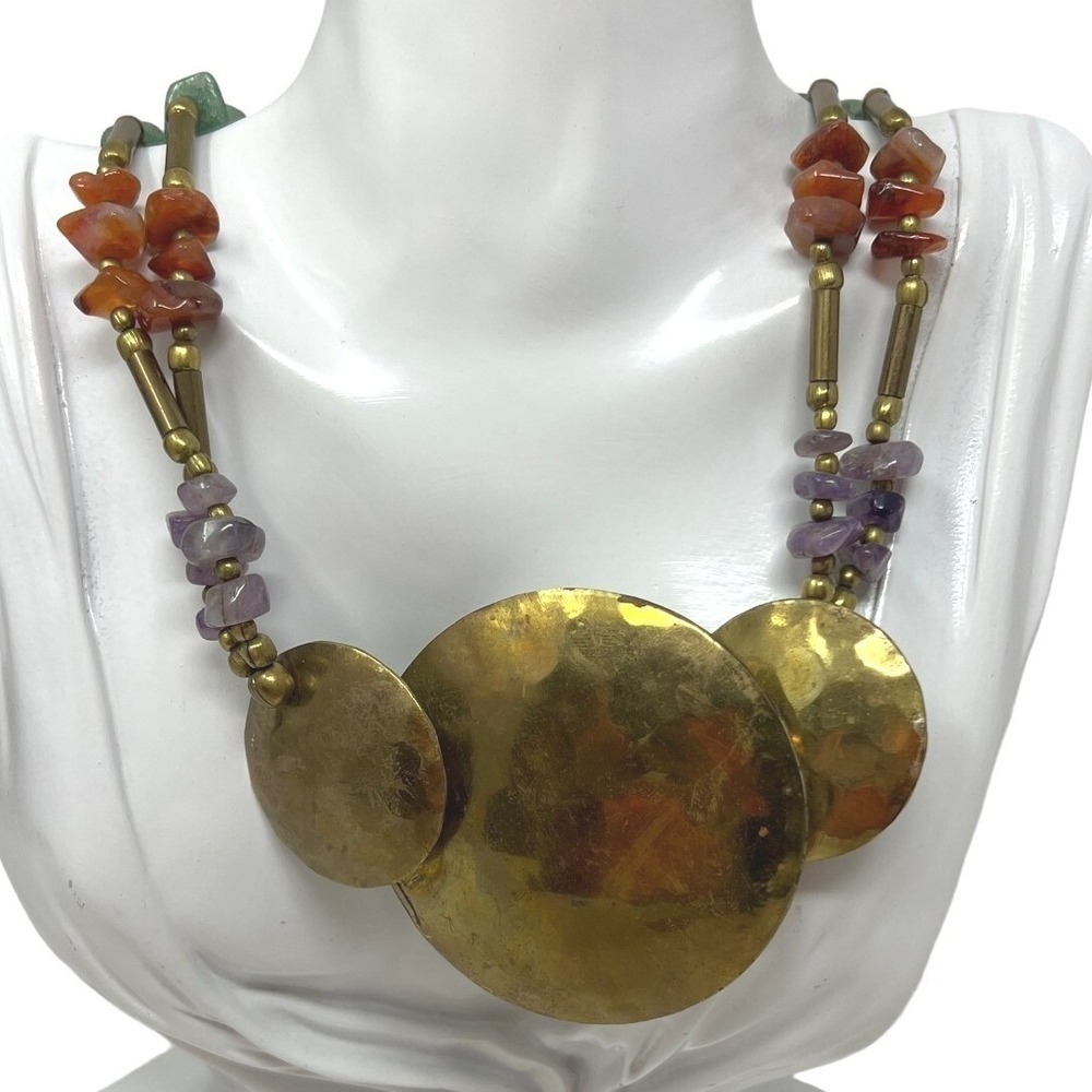 Tribal Necklace Brass Tone Disks‎ Bohemian Jadeite Amethyst Chips 26 inches
